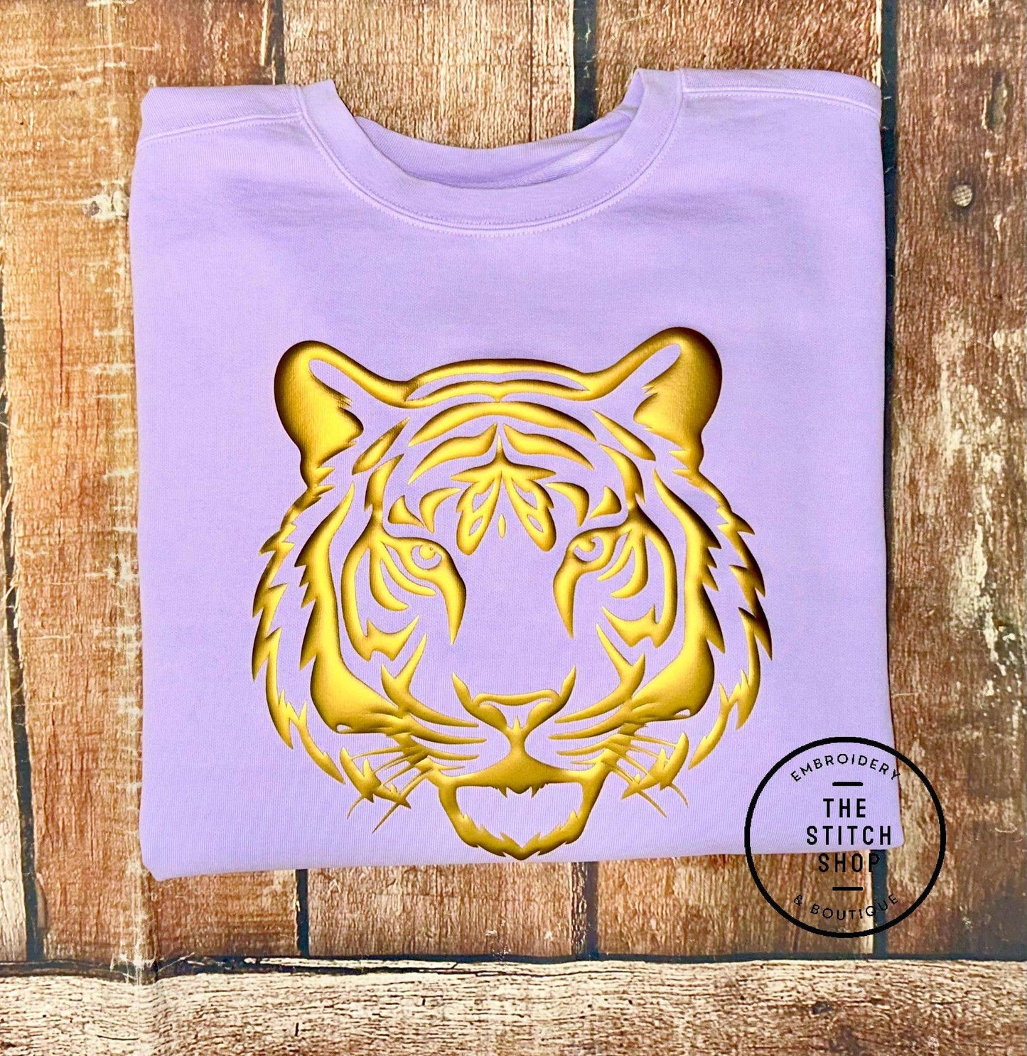 The Stitch Shop - Tiger Face Gold Metallic 3D Puff Comfort Colors Tee