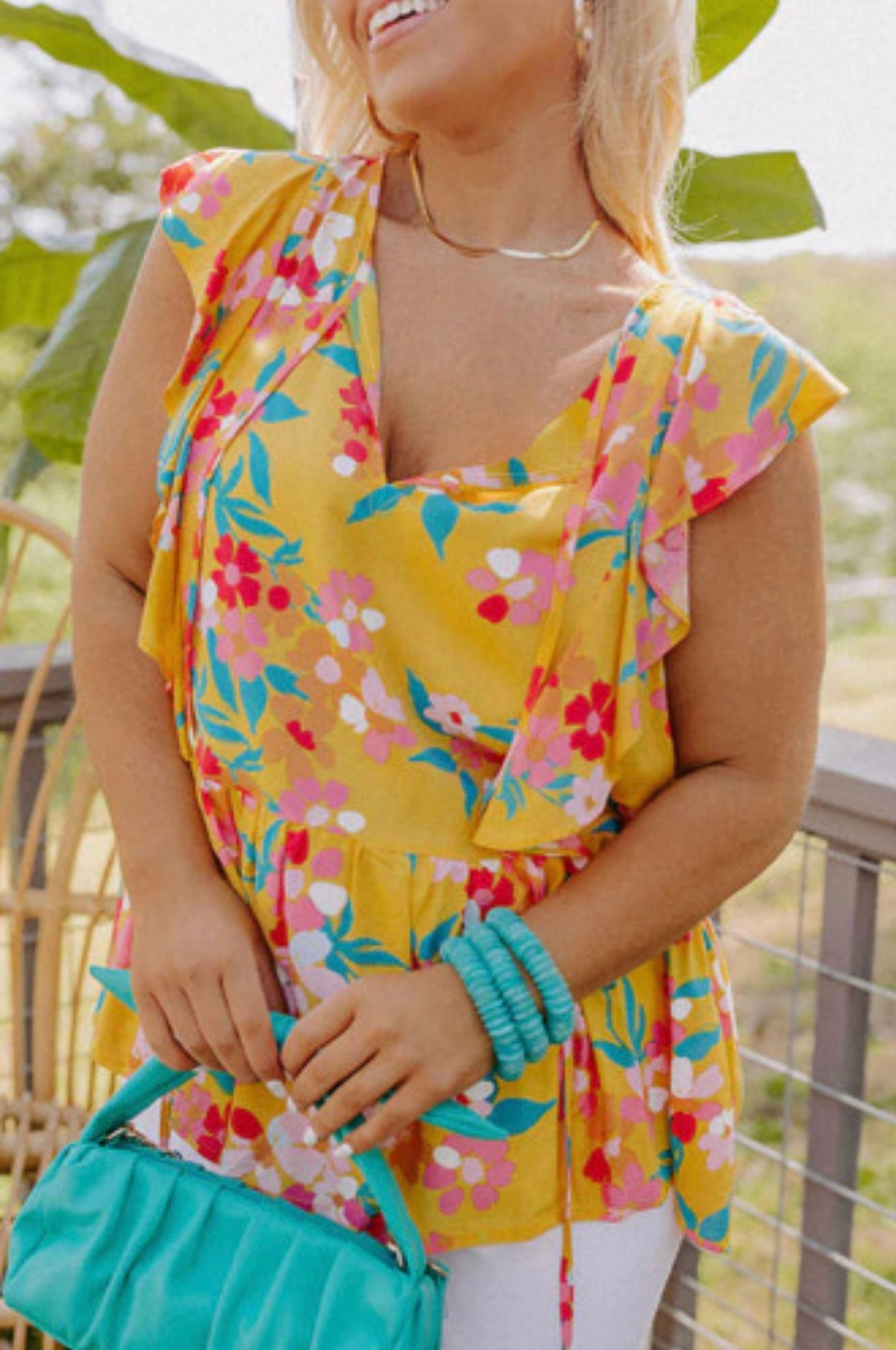 Yellow Ruffle Trim Tie Neck Floral Peplum Tank