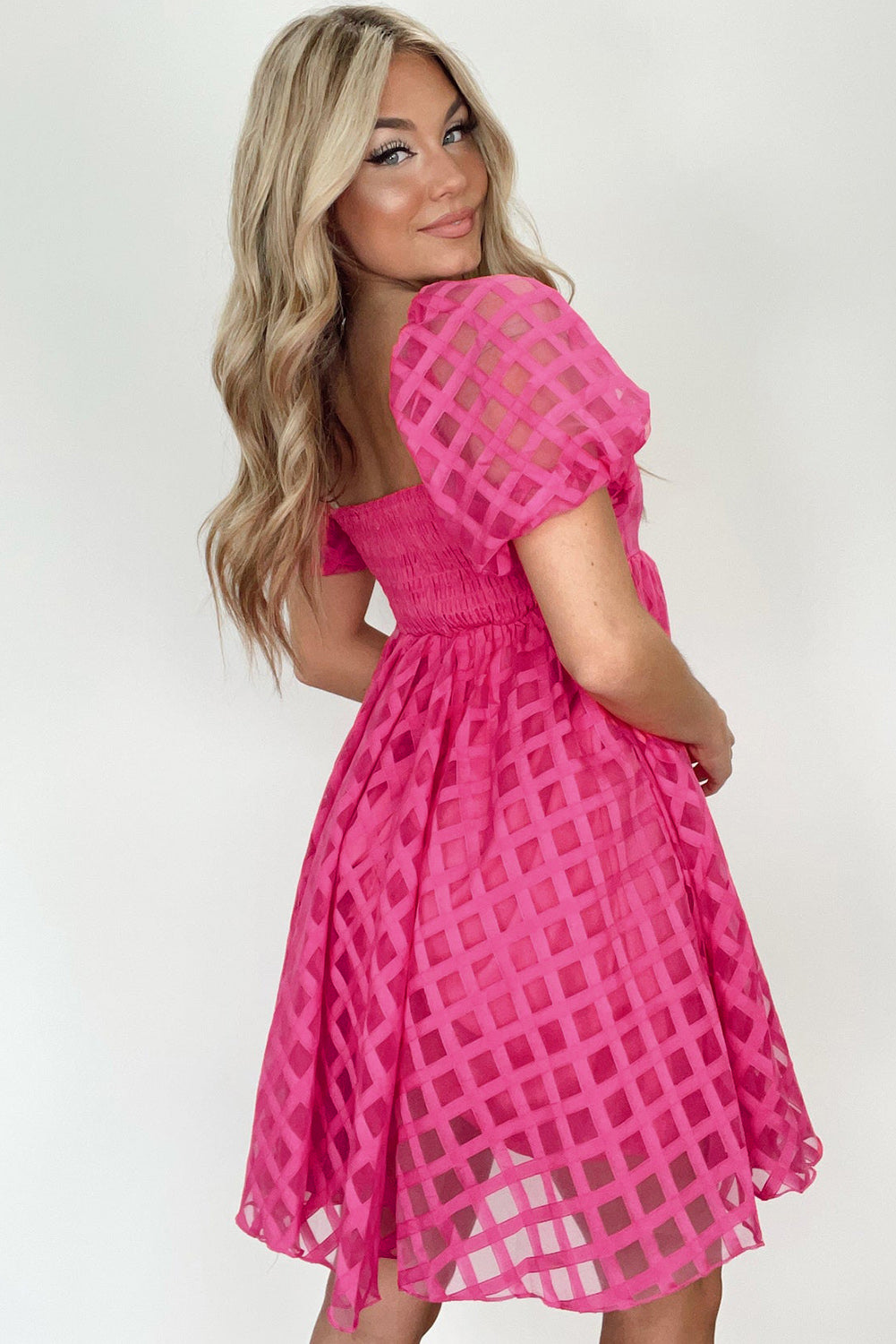 Strawberry Pink Checkered Puff Sleves Baby Doll Dress