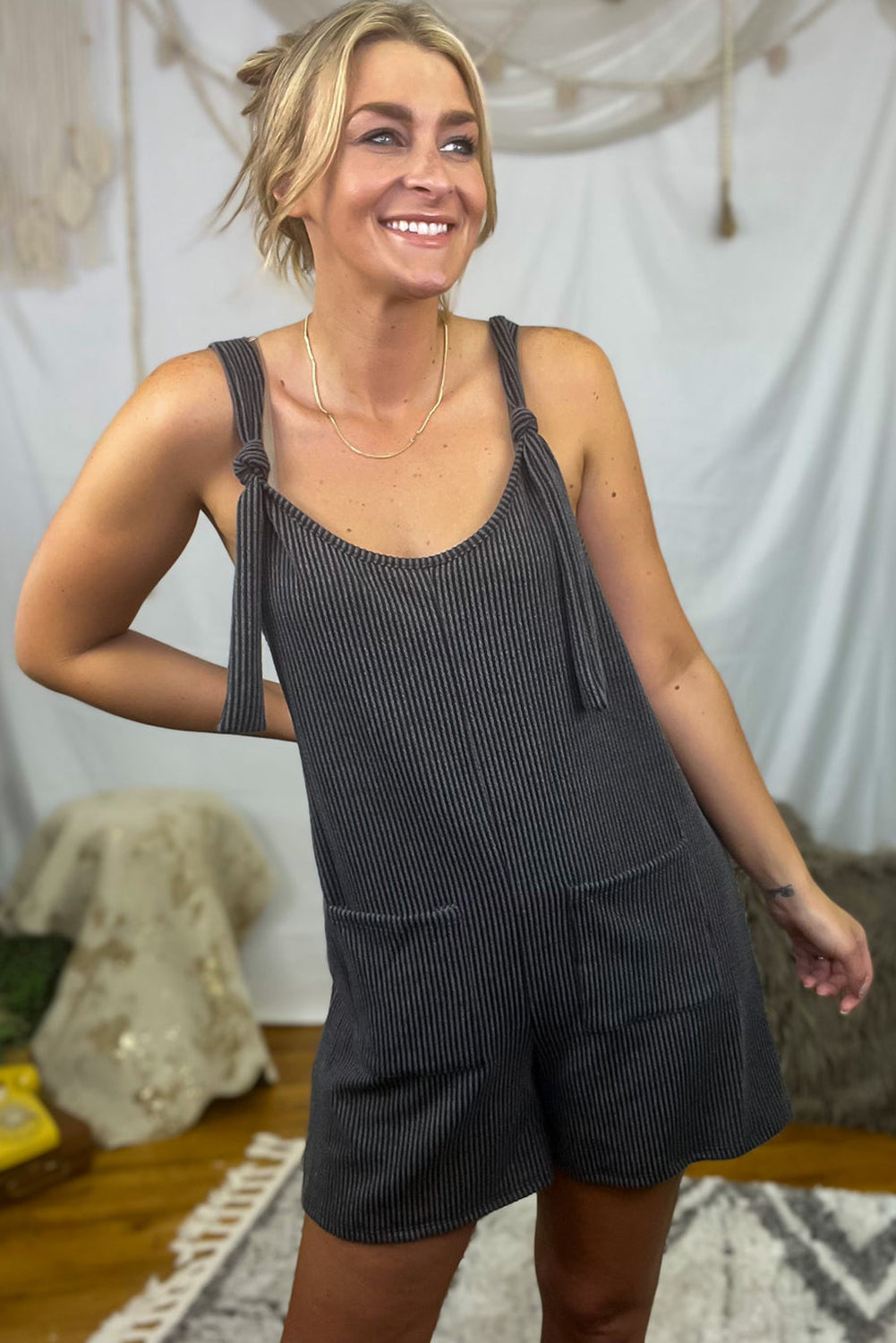 Dark Grey Ribber Knotted Strap Romper
