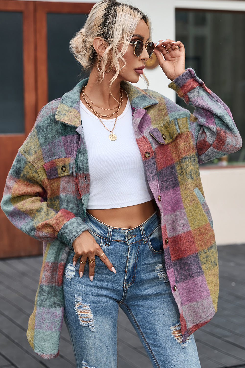 Multicolor Brushed Plaid Pocketed Oversize Shackets