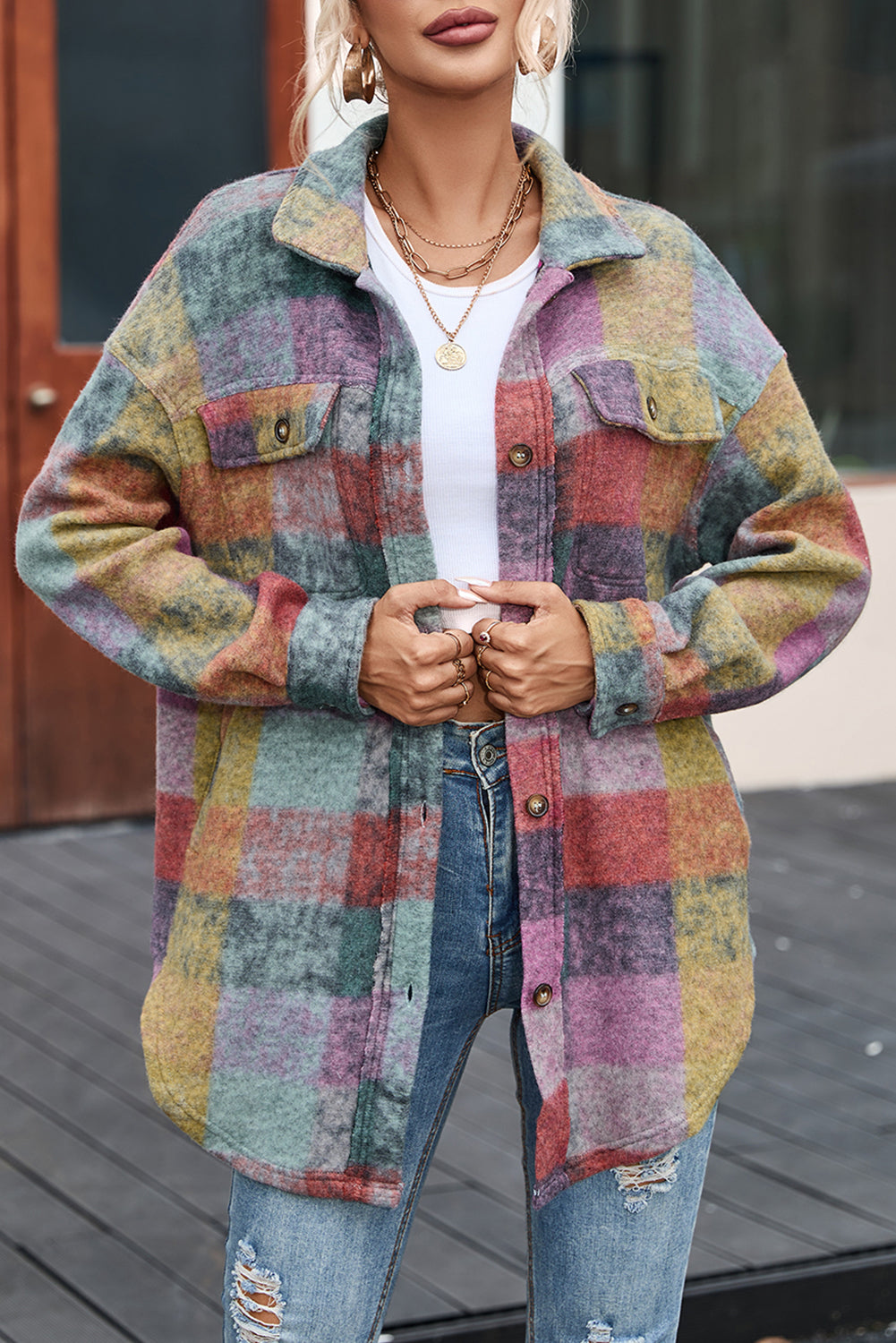 Multicolor Brushed Plaid Pocketed Oversize Shackets