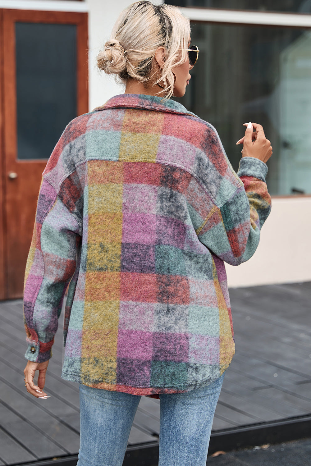 Multicolor Brushed Plaid Pocketed Oversize Shackets