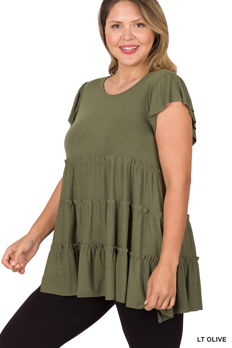 Light Olive Ruffle Sleeve Tops