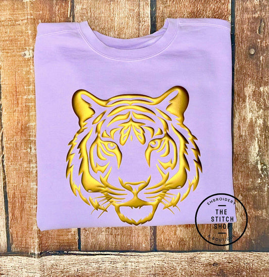 The Stitch Shop - Tiger Face Gold Metallic 3D Puff Comfort Colors Tee