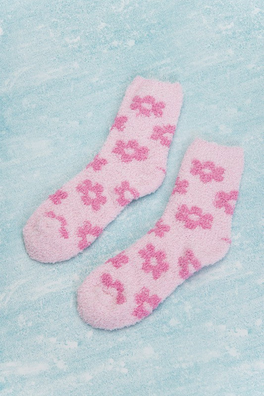 Pink Floral Fuzzy Socks