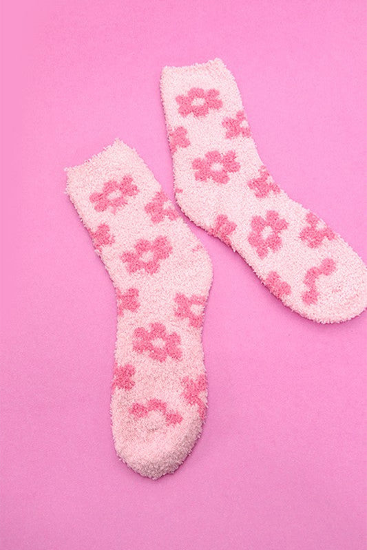 Pink Floral Fuzzy Socks
