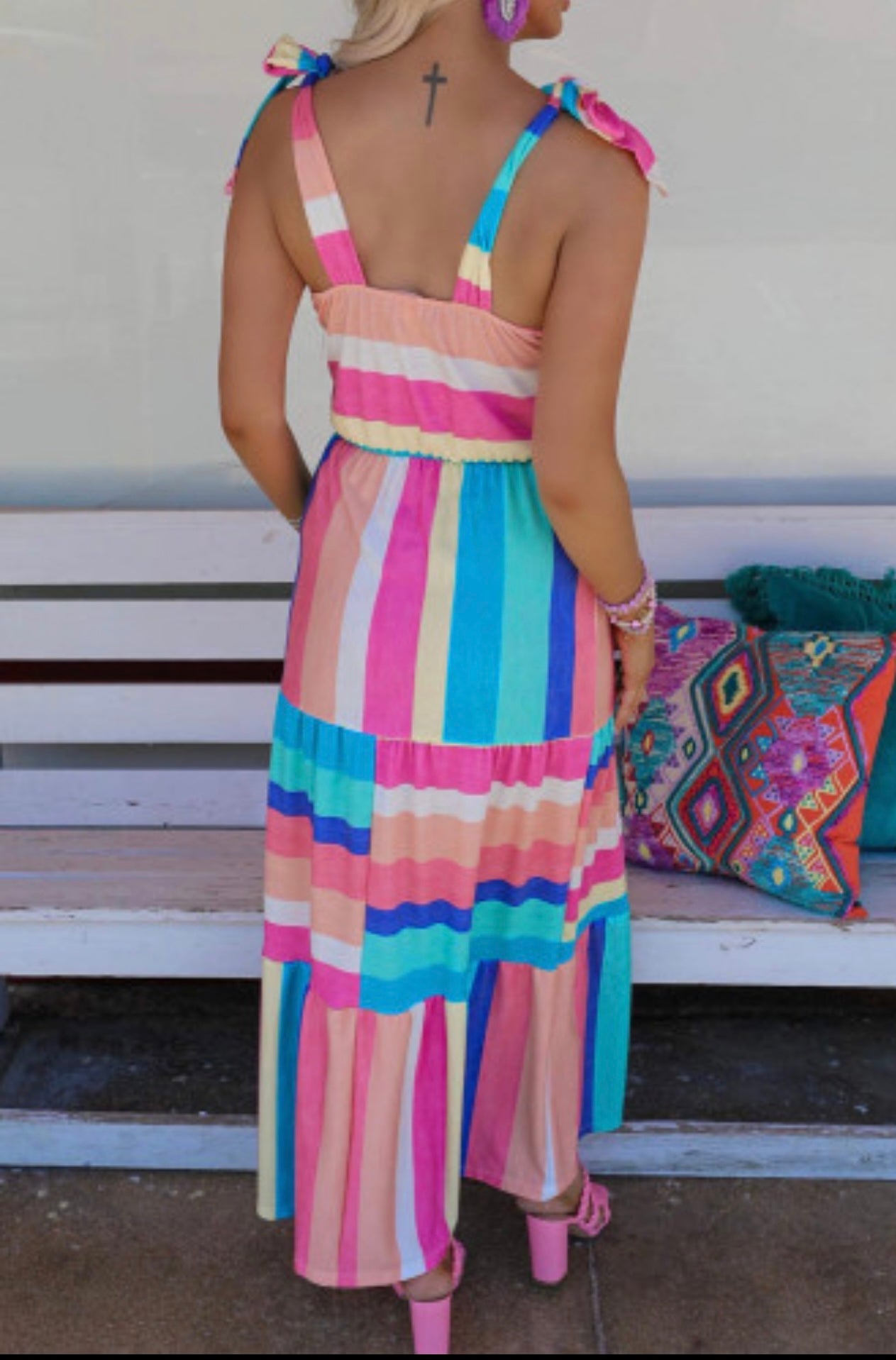 Color Block Striped Bow Knot Straps Maxi Dress