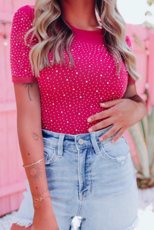 Rhinestone Allover Round Neck Bodysuit