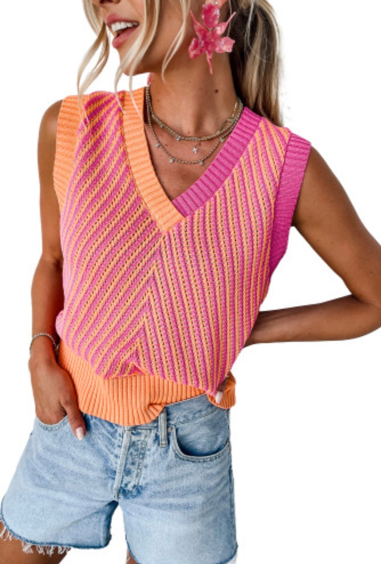 Strawberry Pink Contrast Chevron Sweater