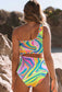 Multicolor Abstract Swirl Asymmetric Cutout One Piece