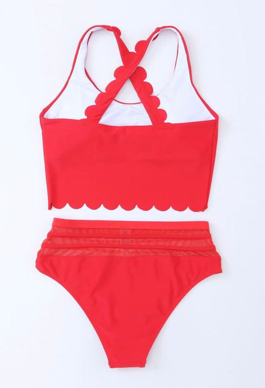 Fiery Red Scalloped Criss Cross High Waist Bikini