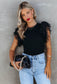 Dotty Mesh Ruffle Sleeve Ribbed Tops
