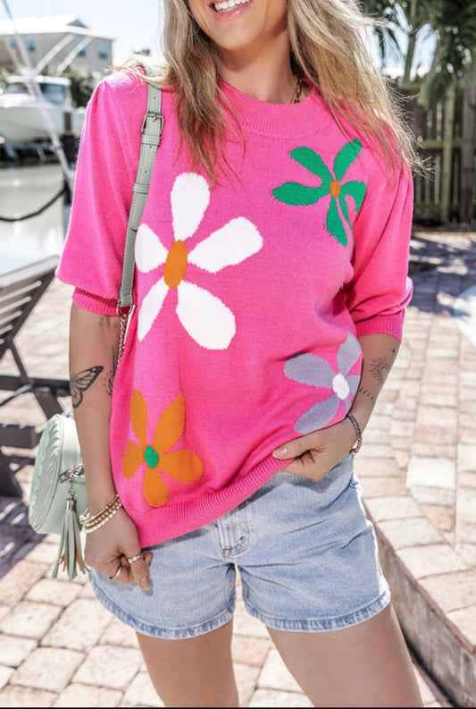 Floral Bubble Short Sleeve Sweater
