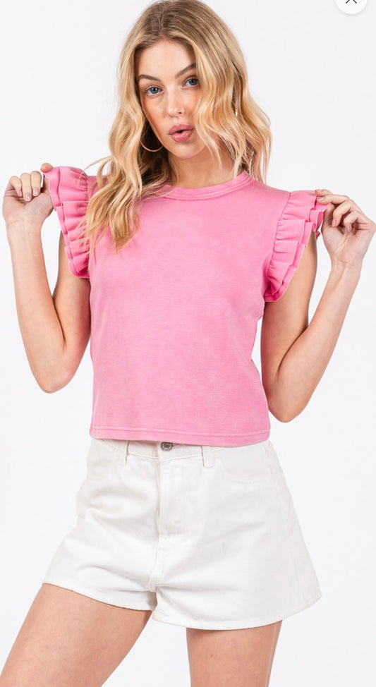 Mineral Washed Ruffle Sleeve Top
