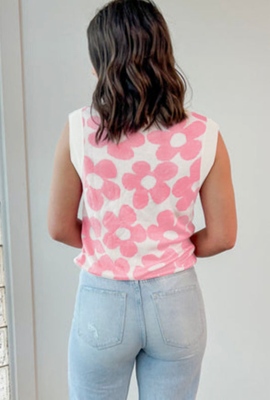 Pink Flower Knitted V Neck Tank Top