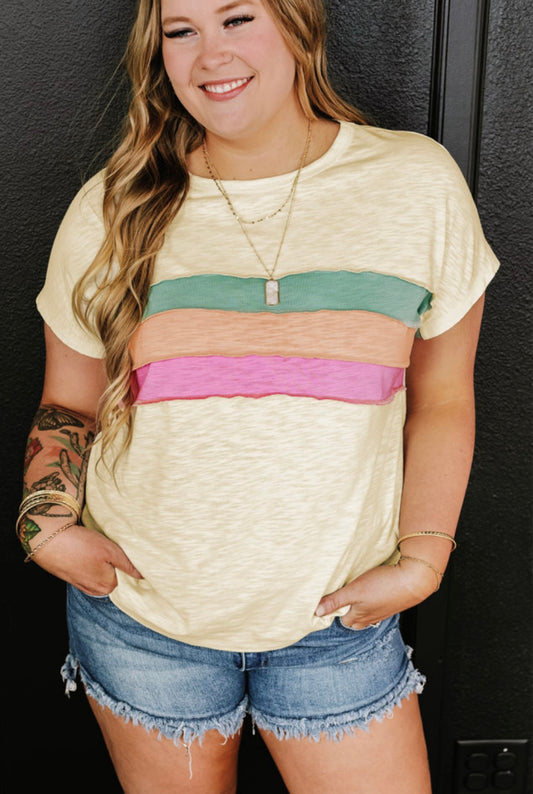 White Color Block Patchwork Tee