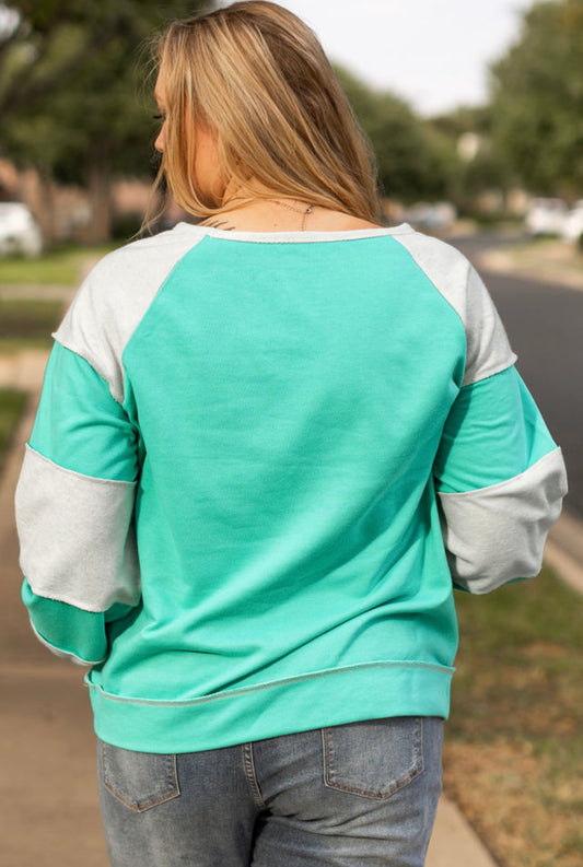 Aruba Blue Patchwork Cross Seam Sweatshirt