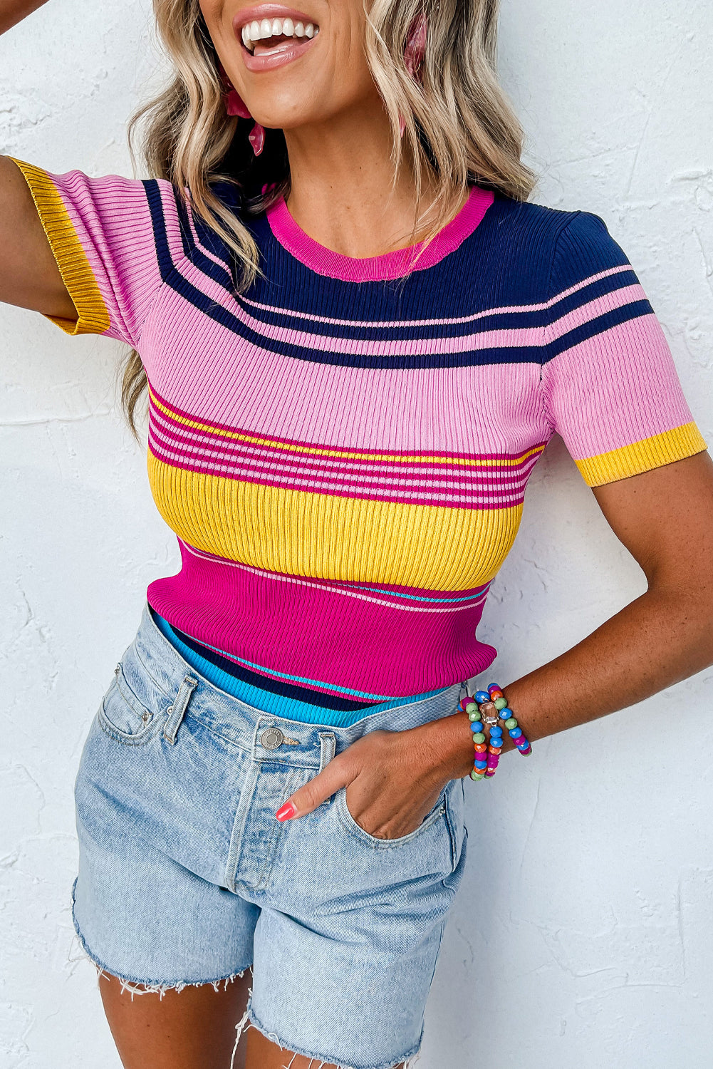 Pink Mixed Striped Ribbed Knit Tops