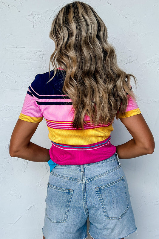 Pink Mixed Striped Ribbed Knit Tops