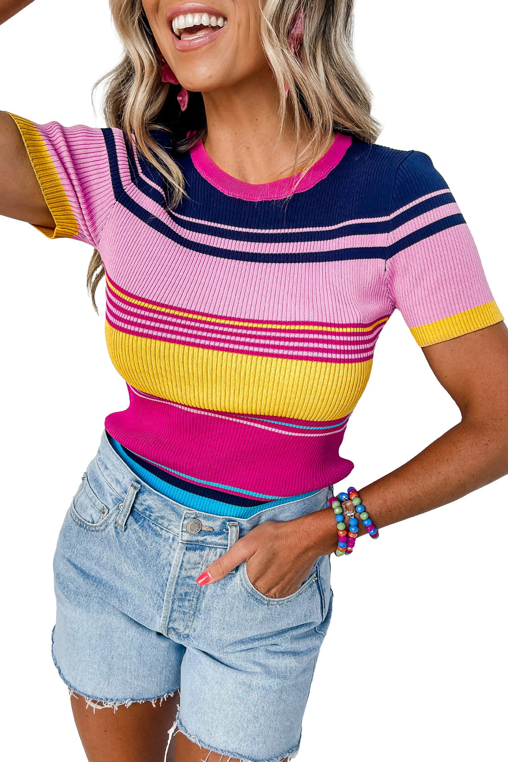 Pink Mixed Striped Ribbed Knit Tops