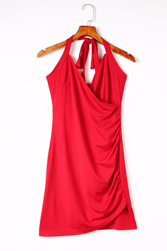 Fiery Red Halter Neck Wrapped Mini Bodycon Dress