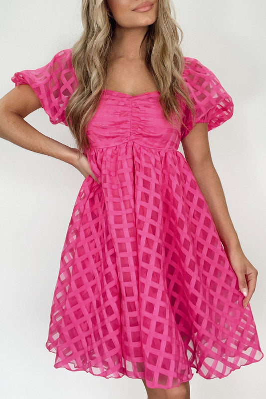 Strawberry Pink Checkered Puff Sleves Baby Doll Dress