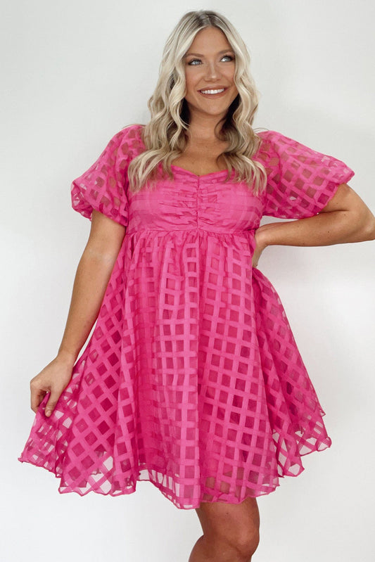Strawberry Pink Checkered Puff Sleves Baby Doll Dress