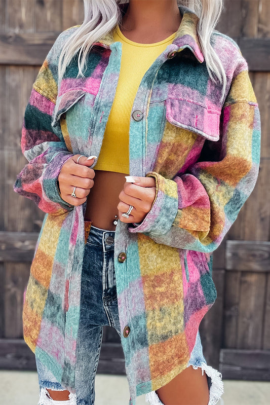 Multicolor Brushed Plaid Pocketed Oversize Shackets