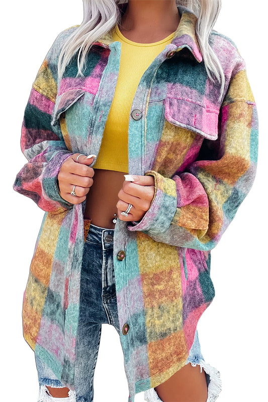Multicolor Brushed Plaid Pocketed Oversize Shackets