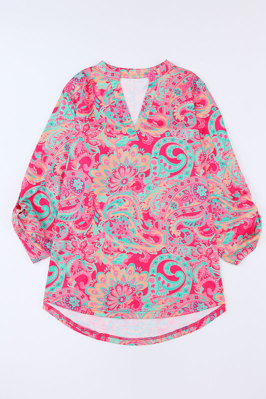 Rose Plus Size Paisley Print V Neck Roll Tab Sleeve Tops