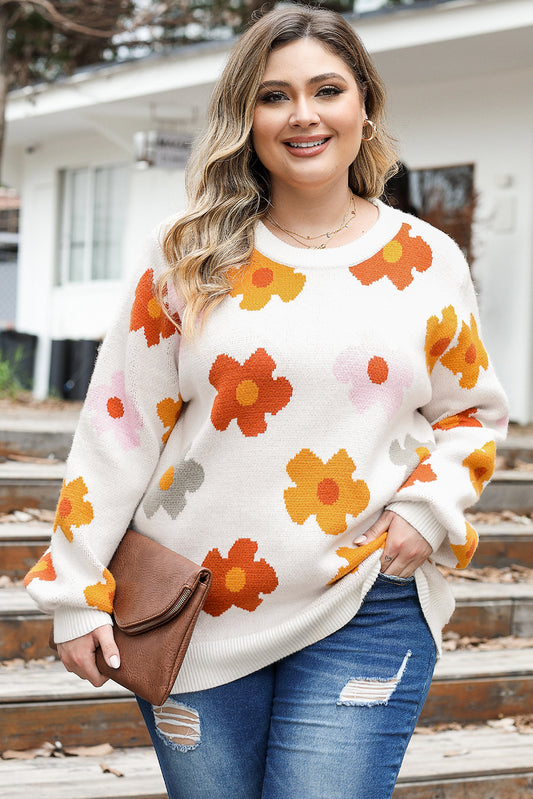 Bright White Plus Size Flower Pattern Ribbed Trim Casual Sweater