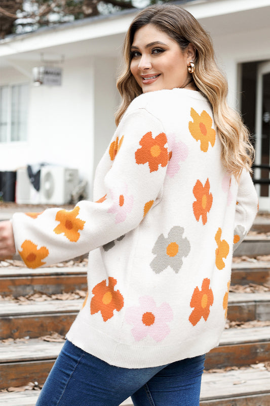 Bright White Plus Size Flower Pattern Ribbed Trim Casual Sweater