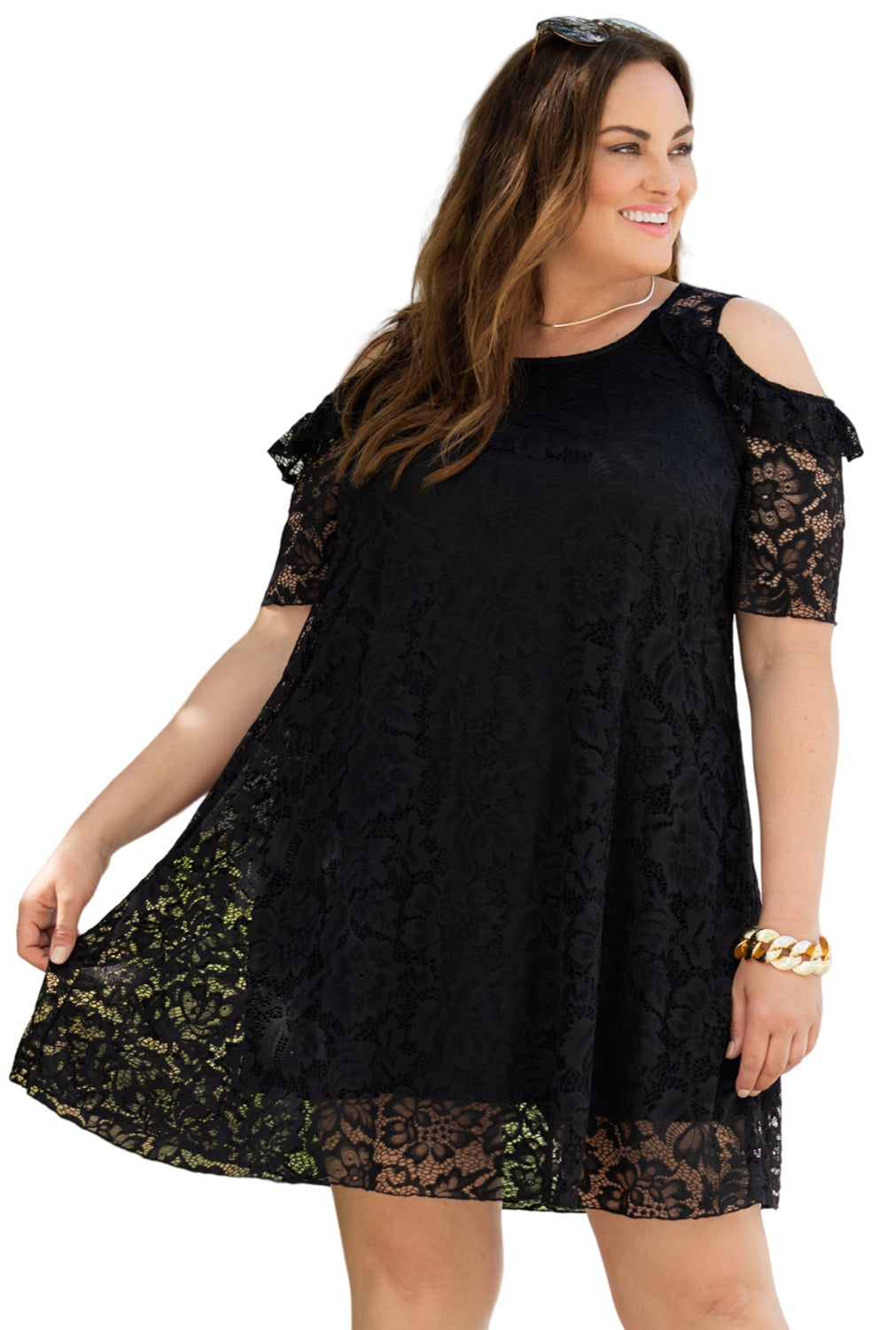 Black Cold Shoulder Lace Plus Size Dress