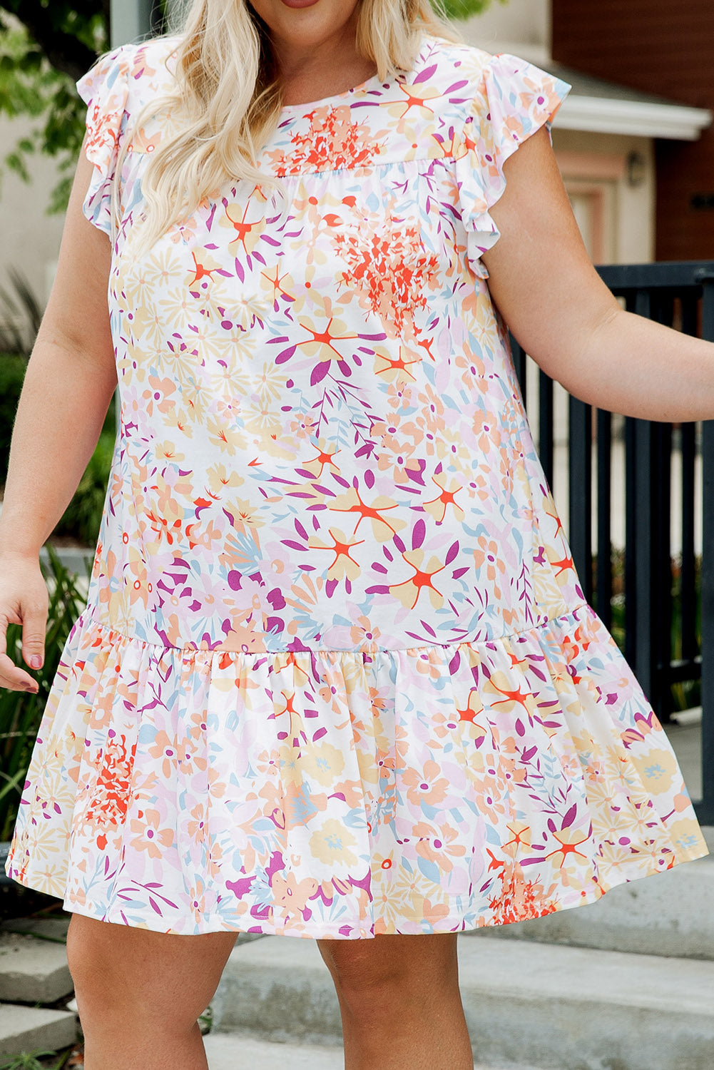 Multicolor Floral Print Ruffled Short Sleeve Plus Size Dress