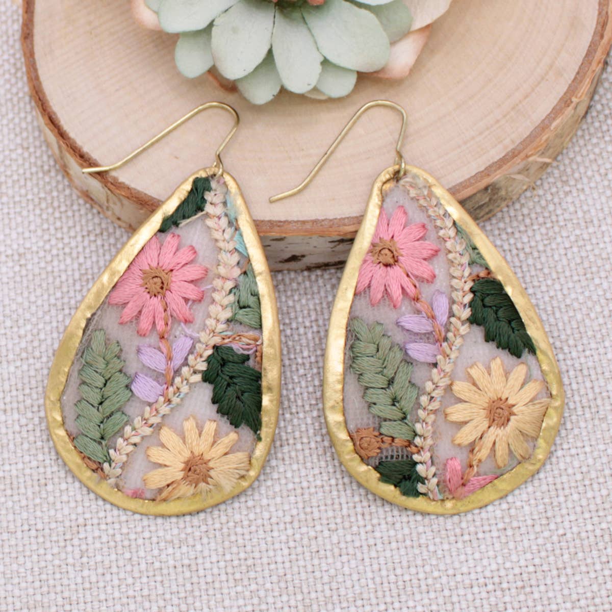 ZAD - Floral Vines Embroidered Gold Teardrop Earrings