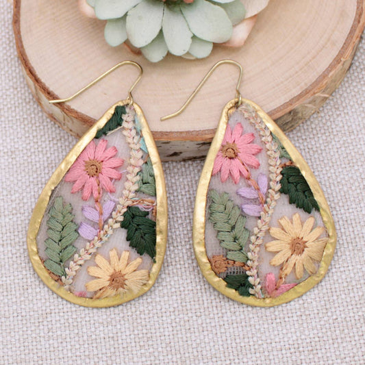 ZAD - Floral Vines Embroidered Gold Teardrop Earrings