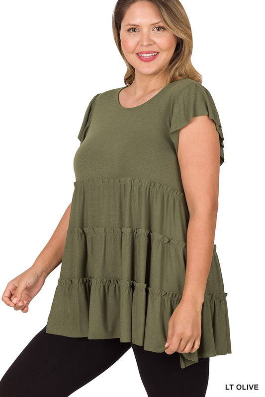 Light Olive Ruffle Sleeve Tops